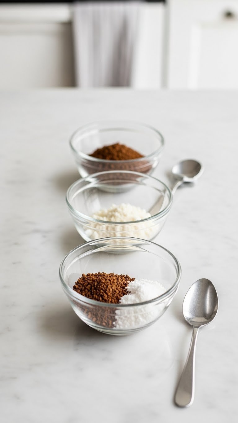 Keto Whipped Coffee Recipe: Perfect Fluffy Dalgona 1 Three glass bowls arranged in a row on marble countertop containing dark instant coffee powder, monk fruit sweetener, and hot water for keto whipped coffee recipe