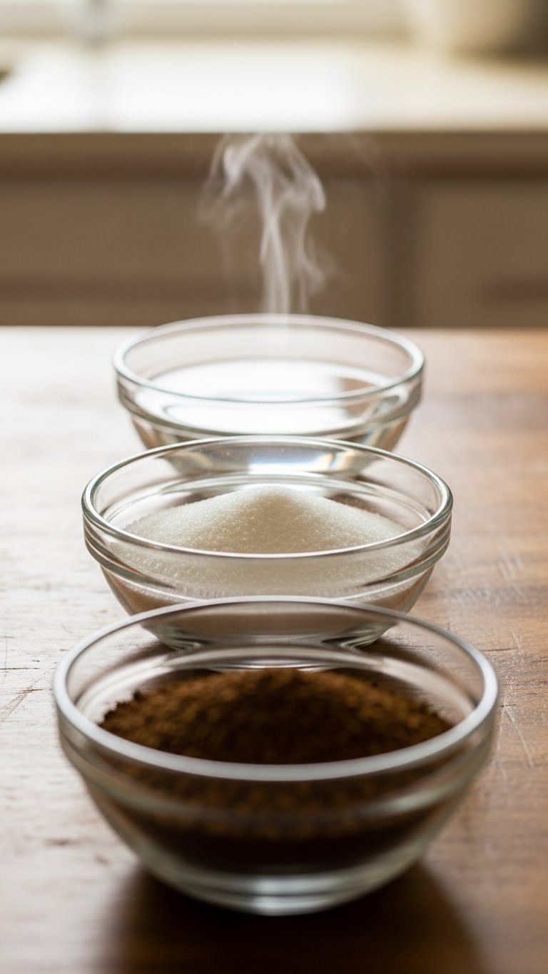 Whipped Coffee With Oat Milk Easy Vegan Recipe That Always Works 3 Three glass bowls arranged in a row showing instant coffee, sugar, and hot water for whipped coffee preparation.