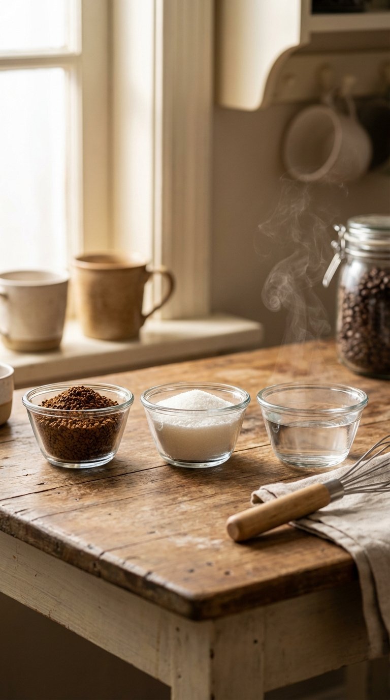 Vegan Whipped Coffee Recipe for Fluffy Dairy Free Perfection 3 Three glass bowls arranged in row containing instant coffee, sugar, and hot water for whipped coffee recipe preparation