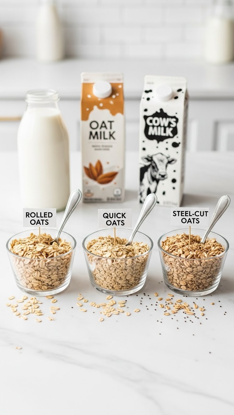 Essential Whipped Coffee Overnight Oats for Busy Mornings 5 Three glass bowls showing different oat types with milk cartons in background on marble surface