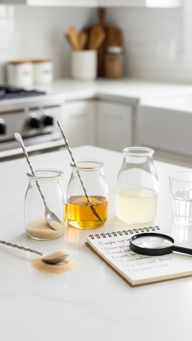 Three glass containers showcasing common syrup problems with sugar crystals, thin consistency, and cloudiness