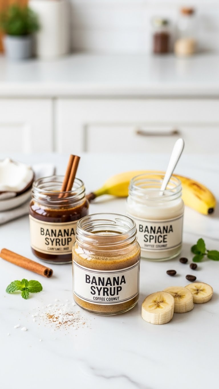Three glass jars containing caramelized banana, banana spice, and banana coconut coffee syrup variations