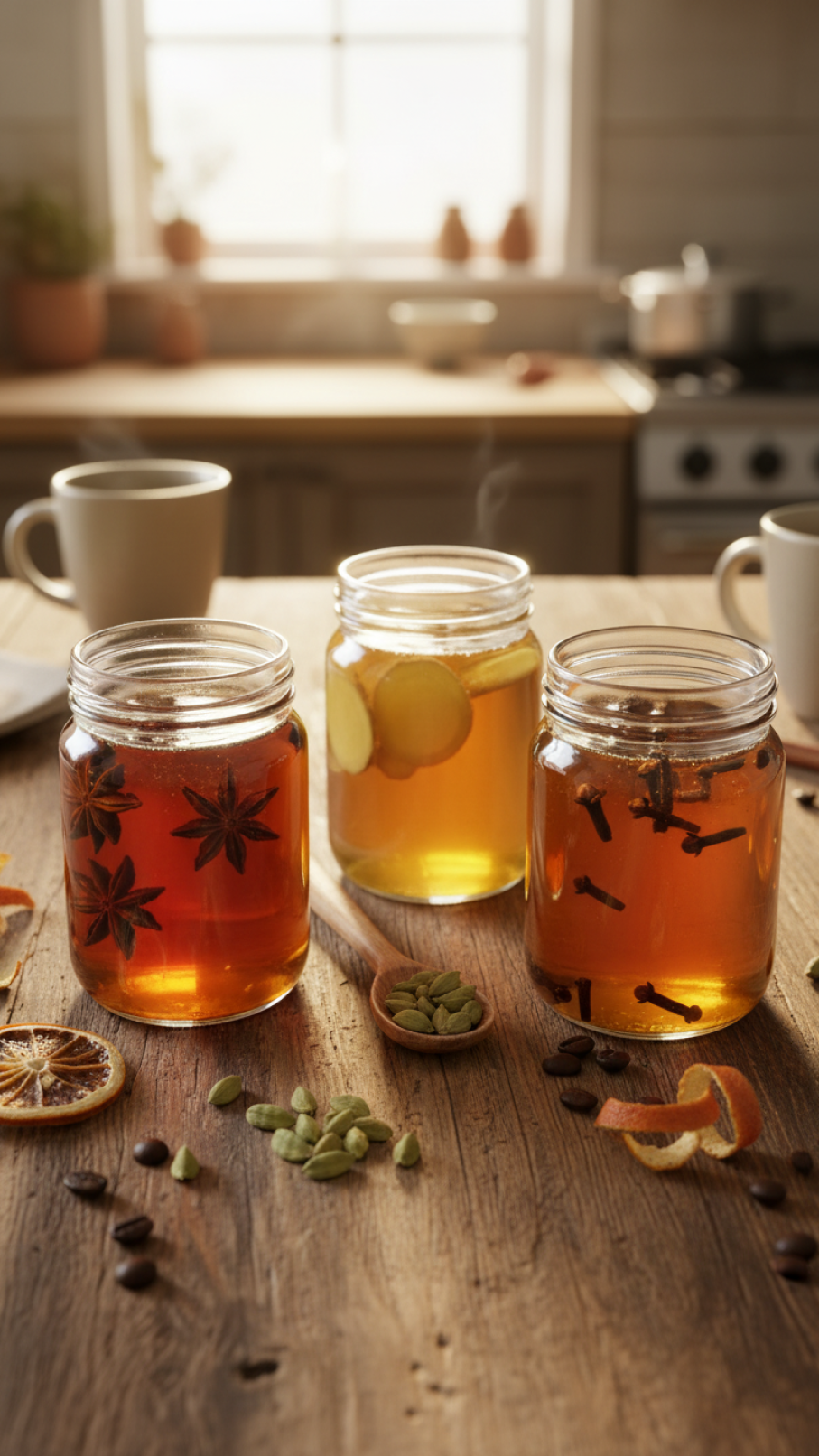 Three glass jars of spiced apple cider syrup with star anise, ginger slices, and whole cloves on rustic wooden table