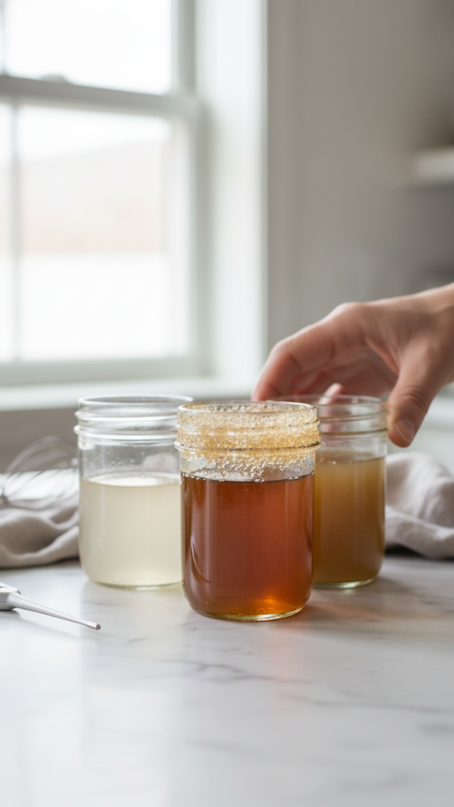 Three glass jars showing apple cider syrup consistency problems on white marble countertop with problem-solving tools