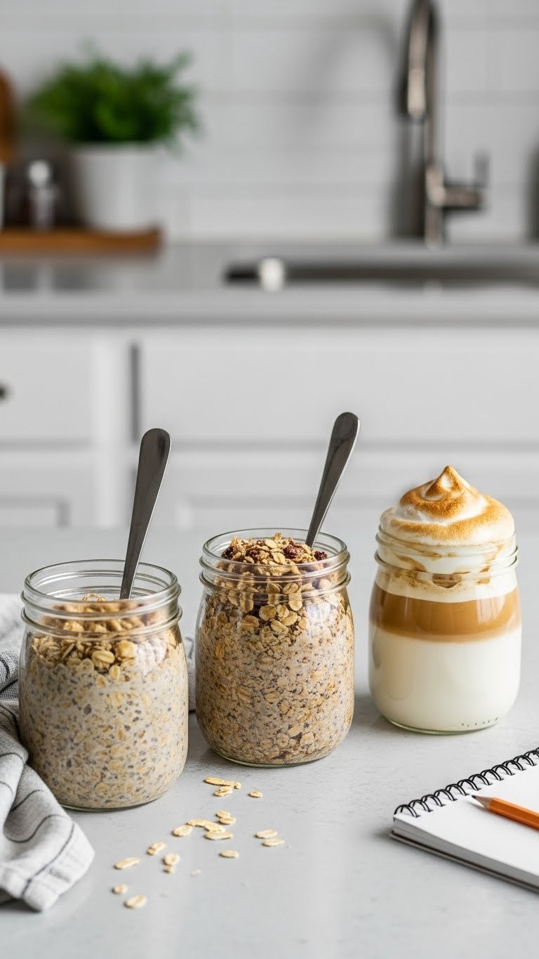 Essential Whipped Coffee Overnight Oats for Busy Mornings 9 Three glass jars showing common overnight oats problems like watery oats and deflated coffee whip