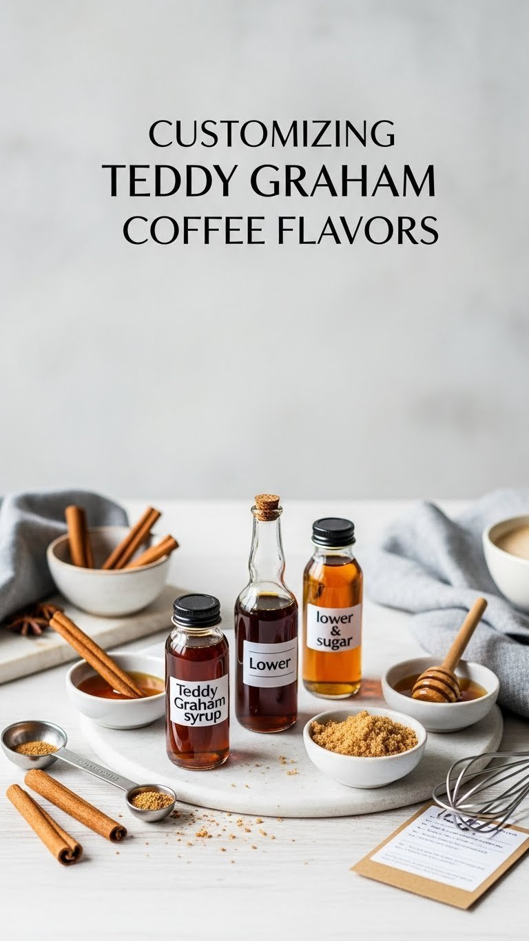 Three glass vials of customized teddy graham syrup variations with cinnamon sticks and honey arranged on wooden table