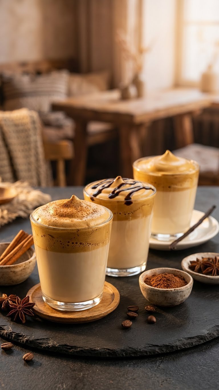 Sugar Free Whipped Coffee Recipe That Works Without Sugar 11 Three glasses of sugar-free whipped coffee with flavor variations including cinnamon, chocolate syrup, and vanilla bean garnish