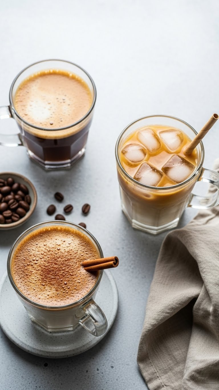 Three keto coffee variations including classic, iced, and spiced versions arranged in flat lay composition