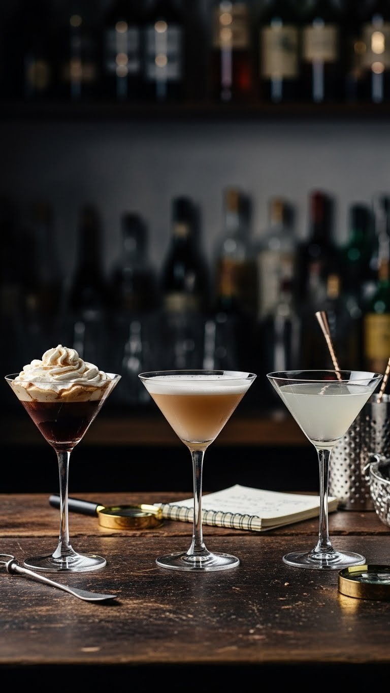 Master Whipped Coffee Espresso Martini: 7 Proven Tips 11 Three martini glasses showing common whipped coffee cocktail problems on distressed wooden bar top