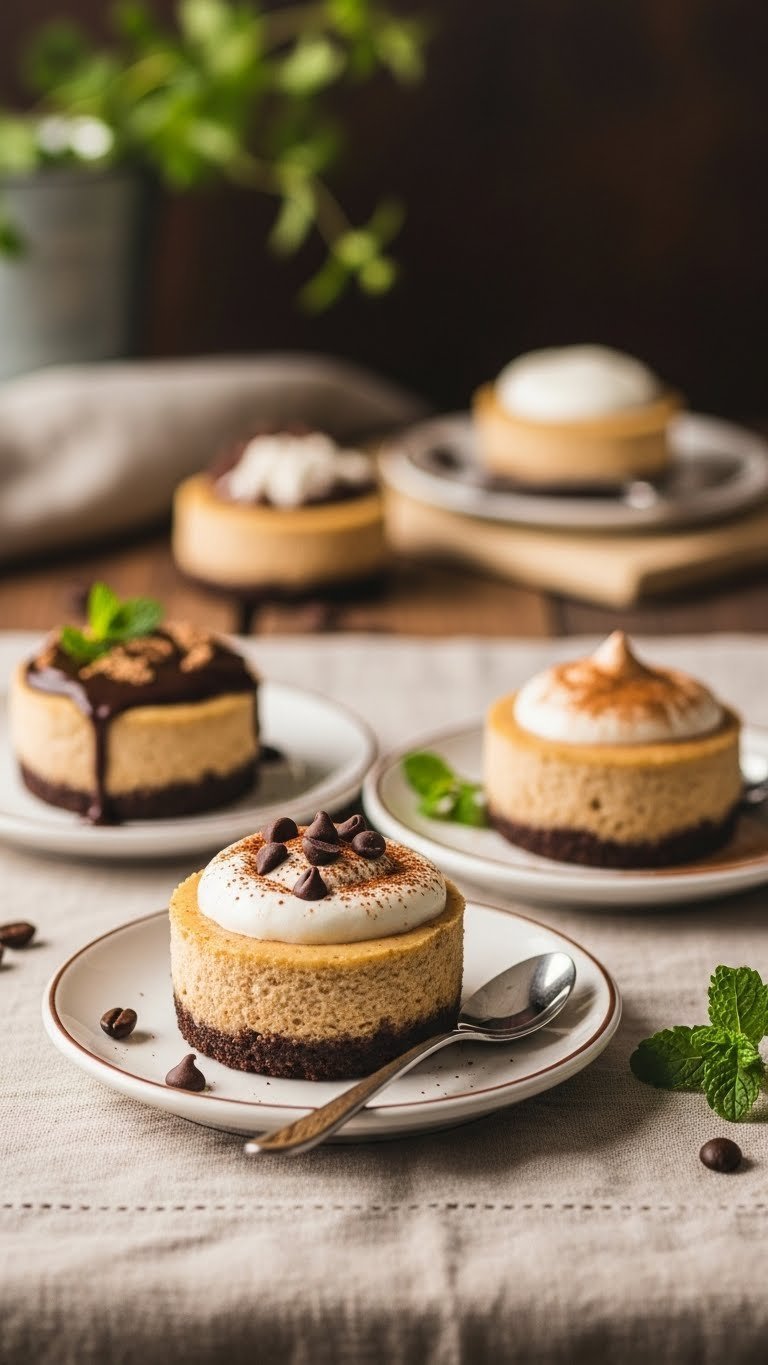 Three mini keto coffee cheesecakes with chocolate ganache, cocoa dusting, and whipped cream toppings on dessert plates
