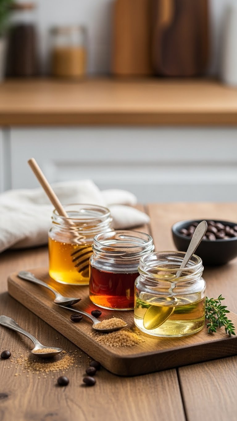 Three natural coffee sweeteners in small bowls arranged on rustic wooden board with tasting spoons