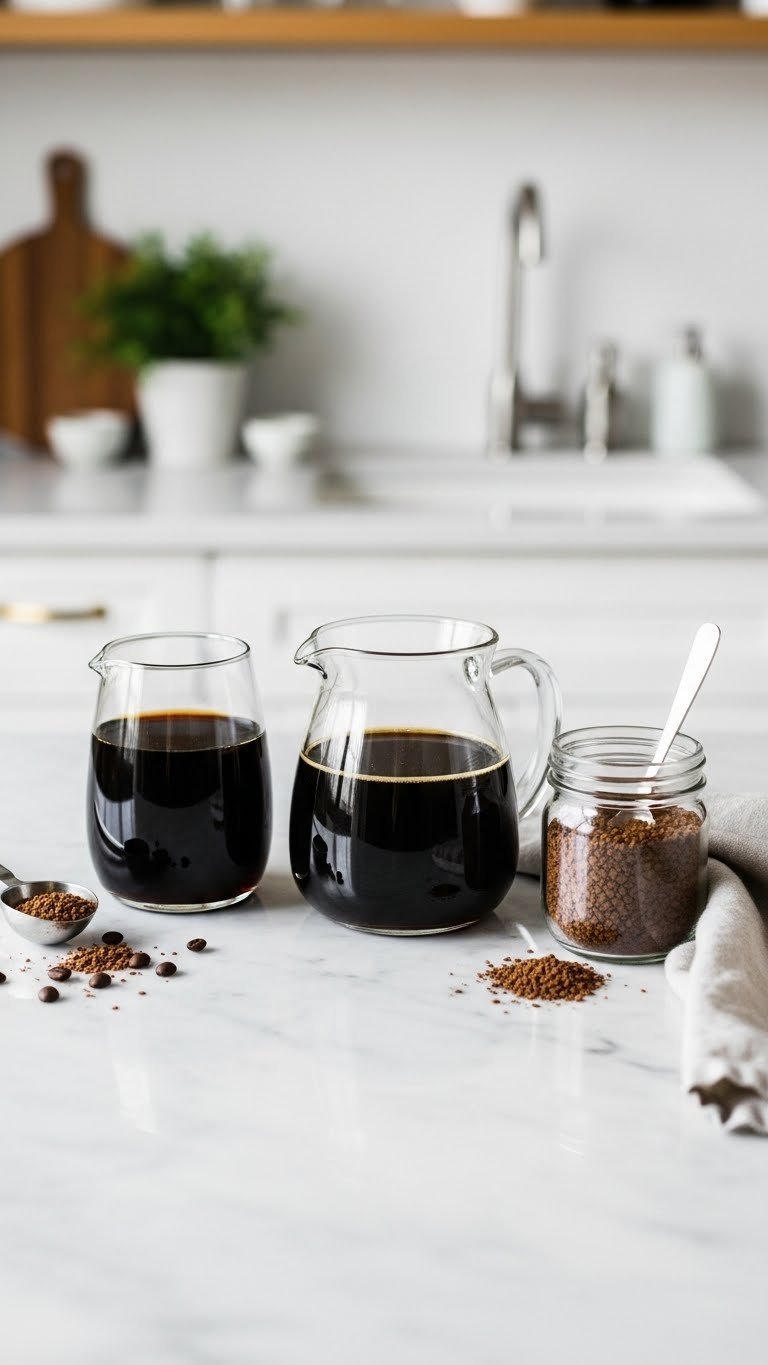 Three types of coffee including dark cold brew, fresh carafe coffee, and instant granules arranged on marble countertop with coffee beans and scoop.