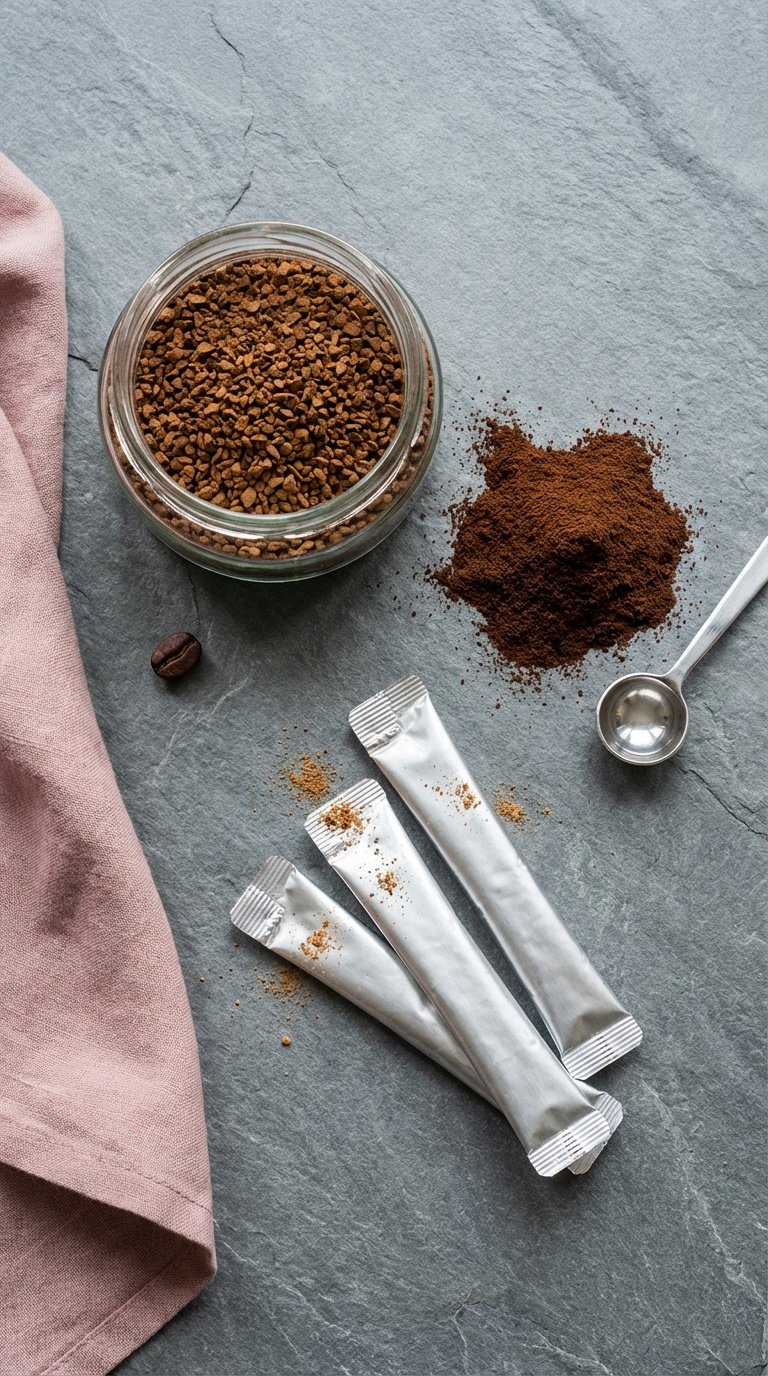 Three types of instant coffee granules arranged on stone surface with measuring spoon and coffee bean