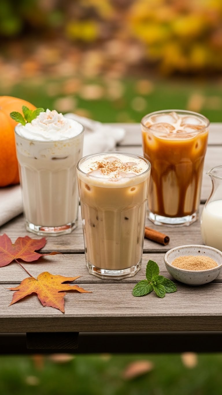 Three variations of pumpkin spice iced coffee glasses side-by-side showing vegan, sugar-free, and caramel drizzle options.