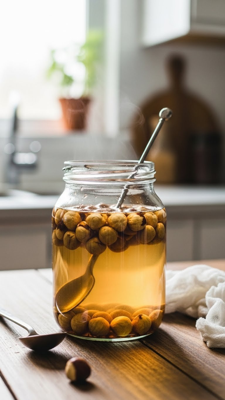 Toasted hazelnuts steeping in warm amber simple syrup in glass jar with rustic wooden table background