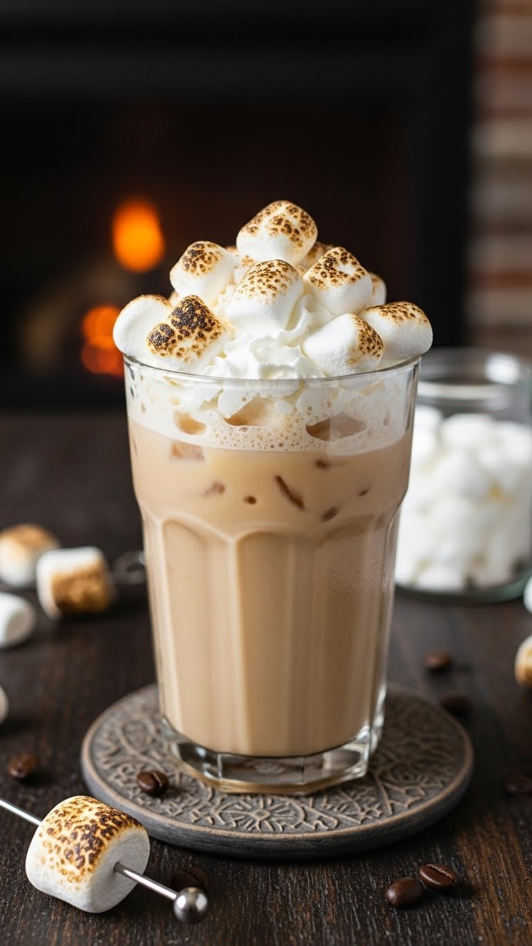 Toasted marshmallow sugar-free iced coffee with fluffy whipped cream and golden-brown marshmallows on distressed wood.