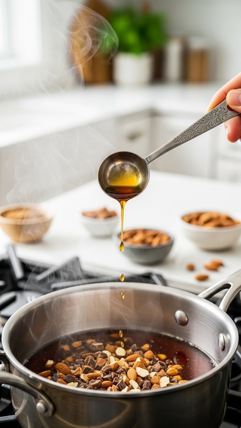 Toffee bits and almond extract being stirred into warm golden syrup in saucepan with steam rising from the fragrant mixture
