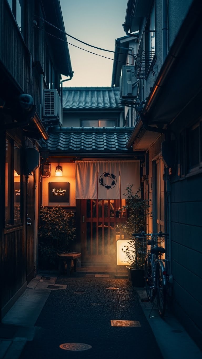 Tokyo alleyway entrance of Shadow Brews cafe illuminated by single lantern at dusk with misty ambiance