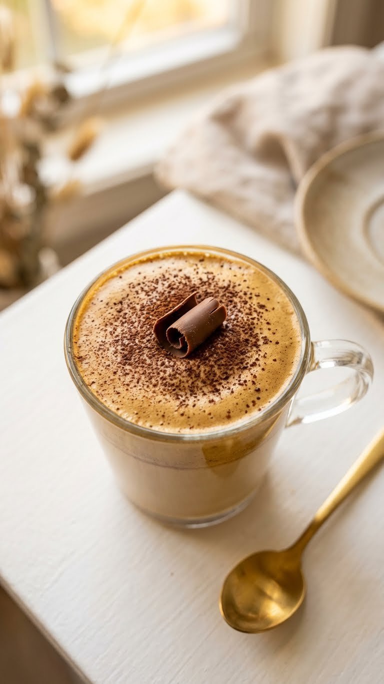 Ultimate Collagen Whipped Coffee: Easy Fluffy Recipe 9 Top-down close-up of garnished collagen whipped coffee, with a dusting of cocoa powder and a single chocolate shaving.
