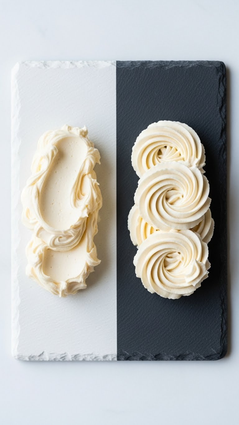 Whipped Coffee Buttercream Complete Guide Easy Light Fluffy Frosting 7 Top-down comparison of dense American buttercream versus light whipped buttercream on slate surface showing texture contrast.