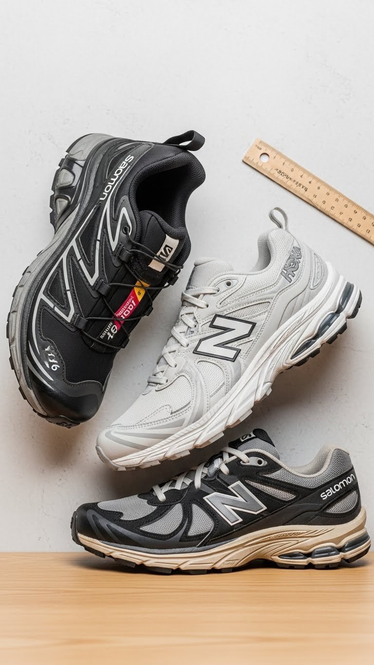 Top-down flat lay comparison of Salomon XT-6 Black Coffee sneaker with other lifestyle trail shoes on neutral background.