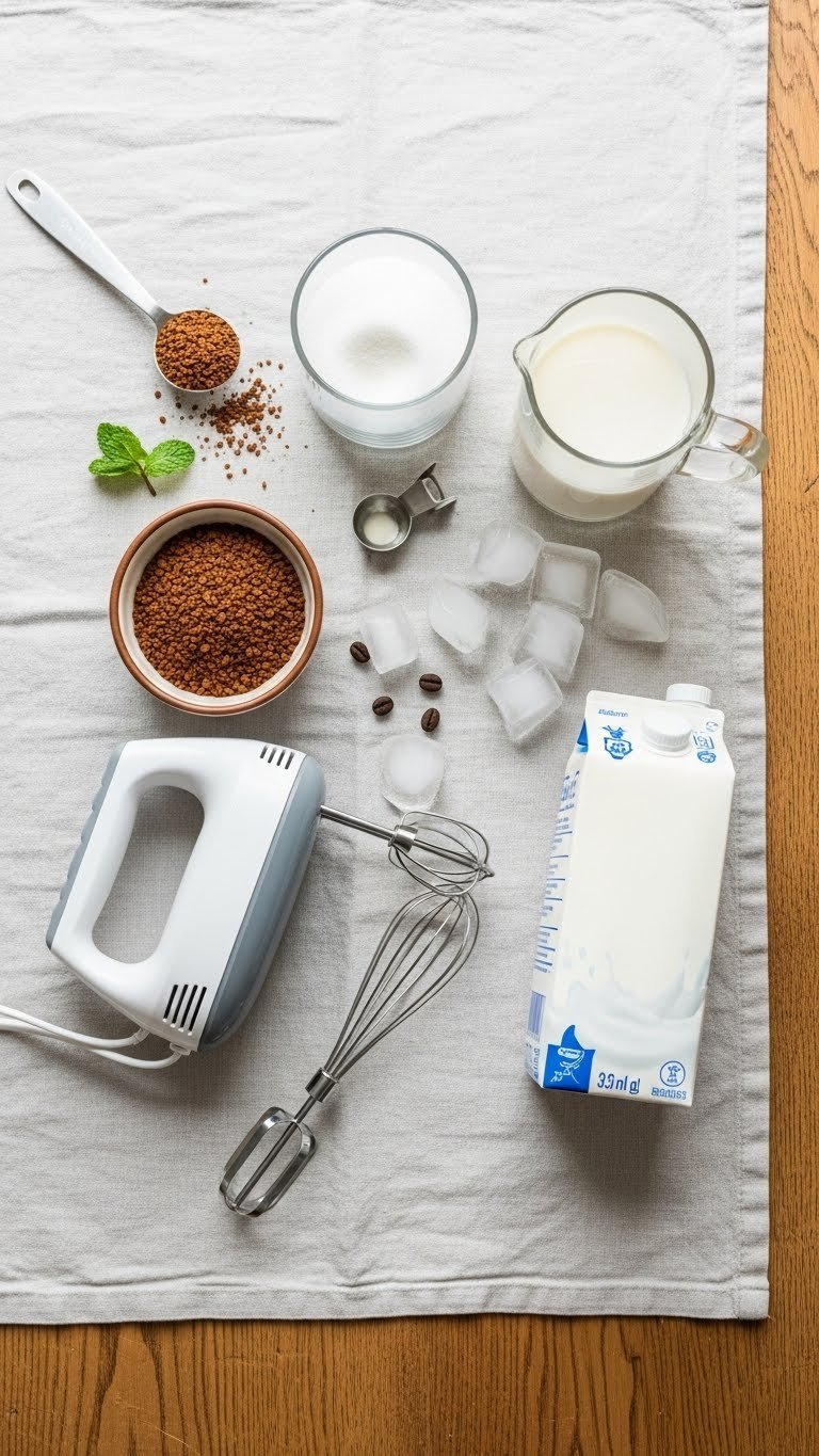 Top-down flat lay of Dalgona coffee ingredients including instant coffee, sugar, milk carton, electric mixer, and glass mug arranged on rustic wooden table
