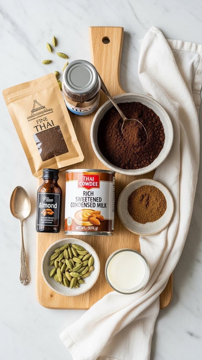 Top-down flat lay of Thai coffee ingredients including Thai coffee powder, sweetened condensed milk, cardamom pods, and evaporated milk on light wood surface