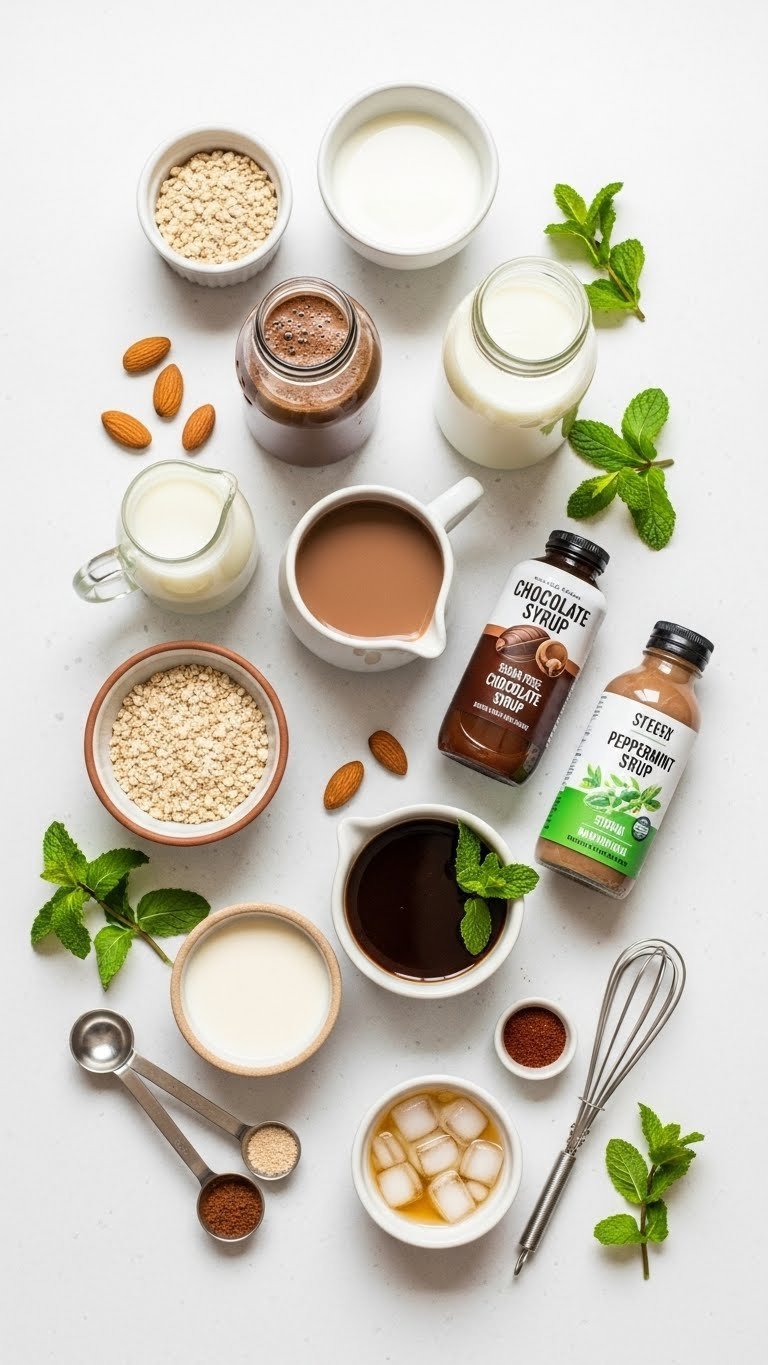 Top-down flat lay of alternative ingredients for iced peppermint mocha including milk alternatives and sugar-free syrups