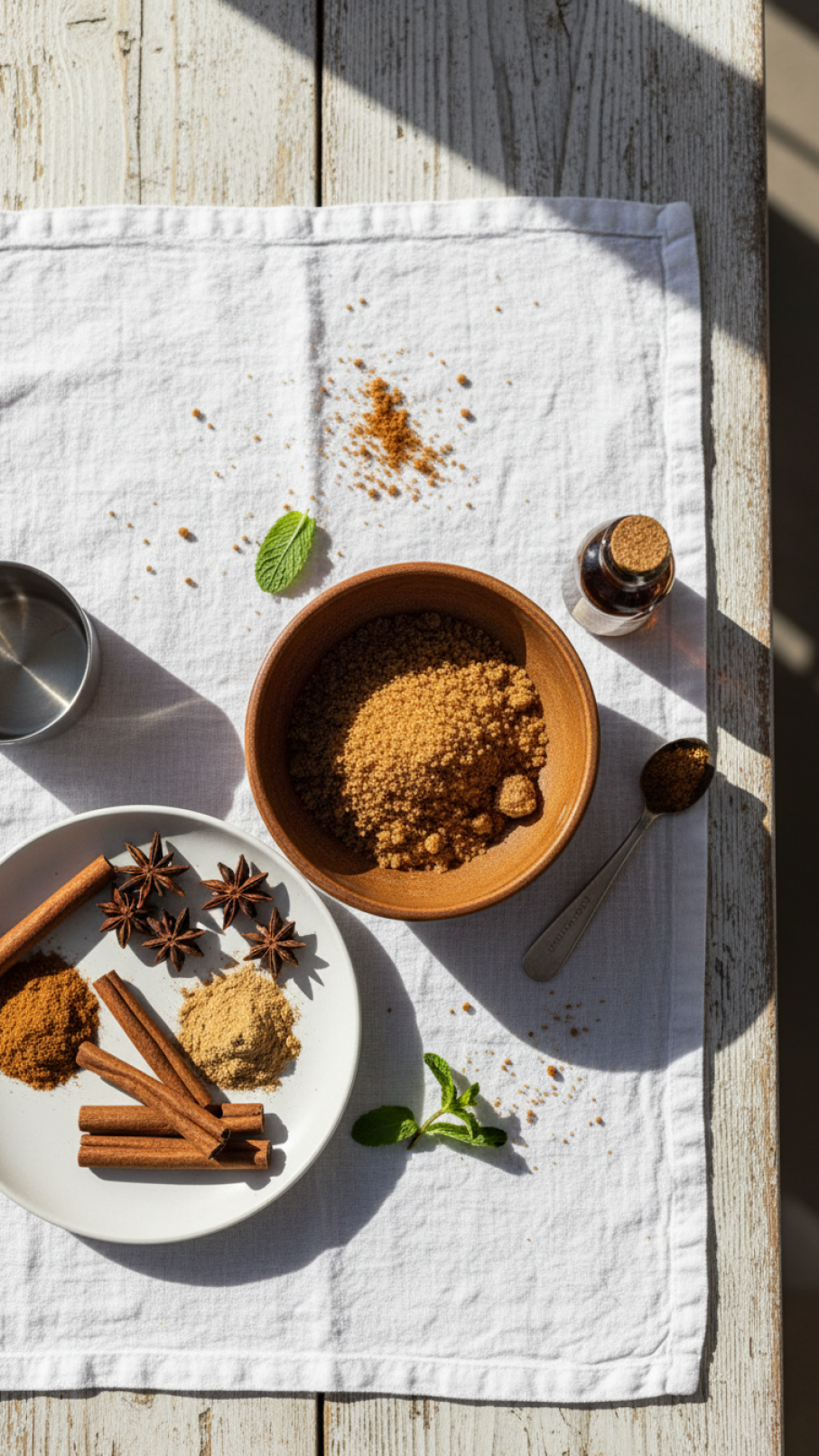 Top-down flat lay of biscoff coffee syrup ingredients including brown sugar, vanilla extract, and speculoos spices arranged on rustic wooden table with soft natural lighting