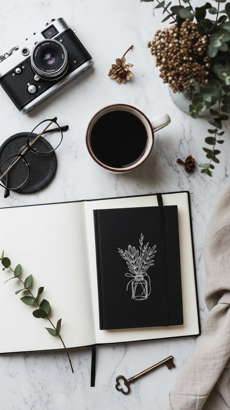 Top-down flat lay of black coffee journal aesthetic scene with vintage props on marble surface