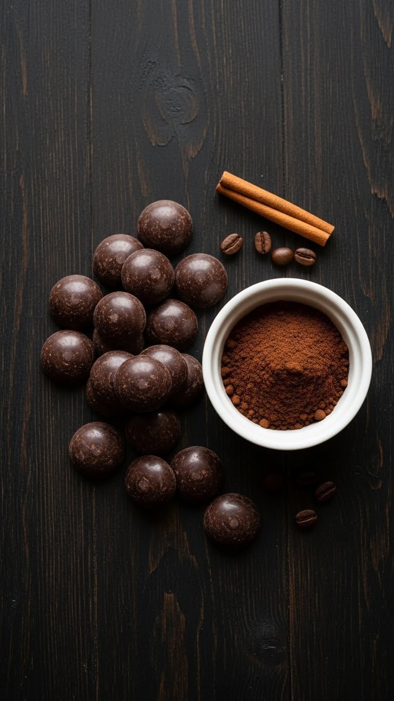 Whipped Coffee Ganache Recipe With Perfect Pipeable Texture 1 Top-down flat lay of dark chocolate callets and espresso powder on rustic wood with cinnamon stick and coffee beans