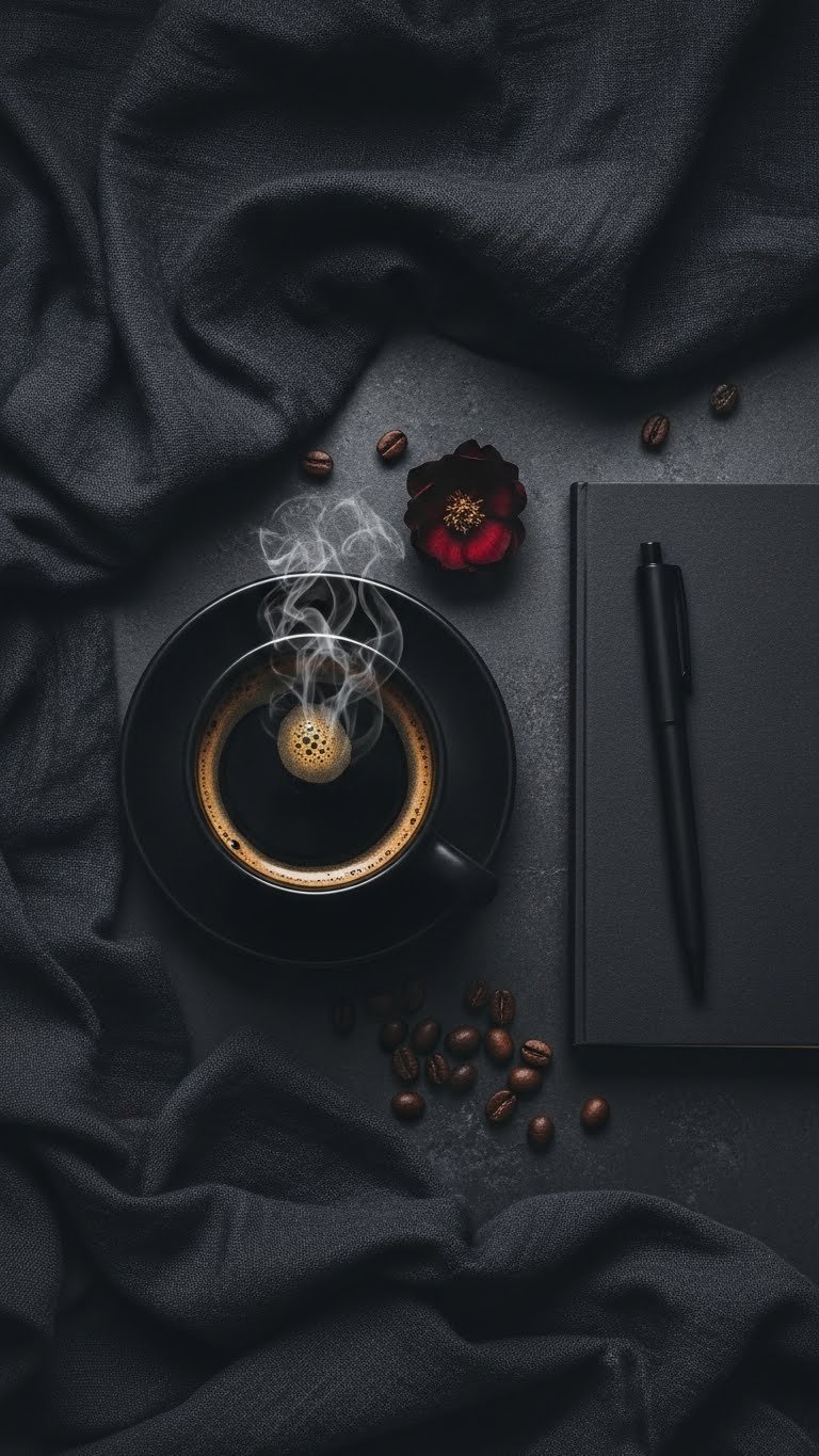 Top-down flat lay of dark coffee cup with notebook and pen arranged on textured dark fabric surface