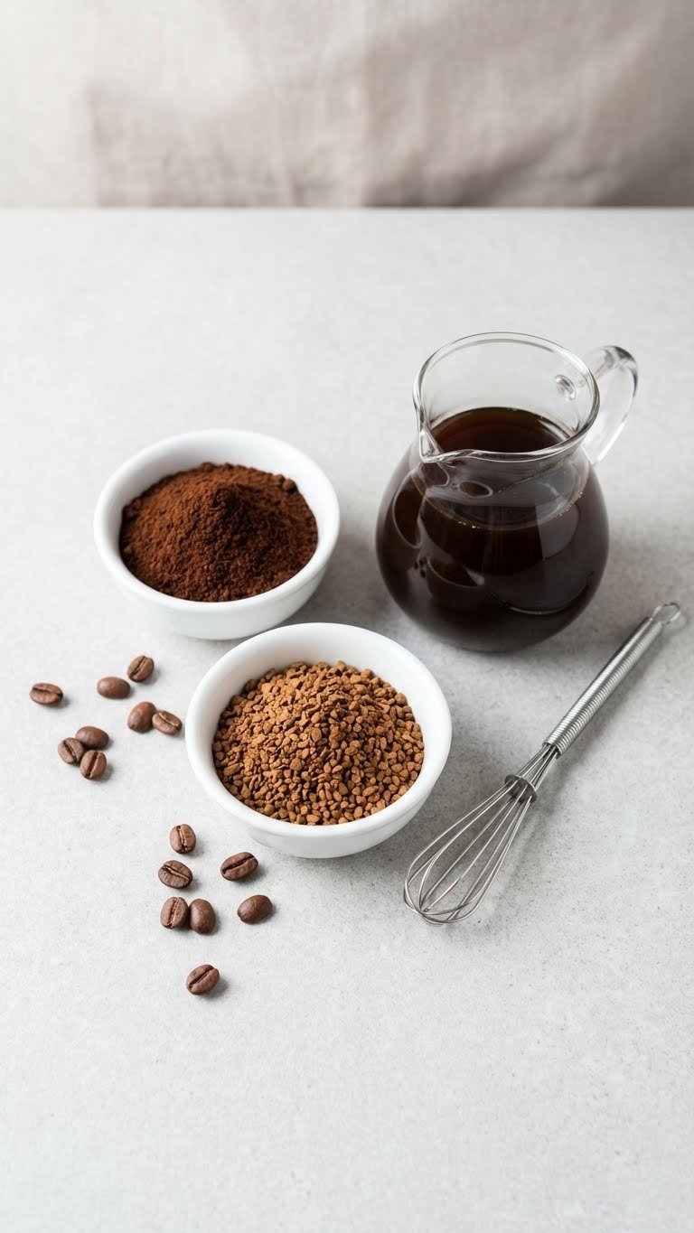 Whipped Coffee Frosting Recipe Easy Stable Fluffy Guide 5 Top-down flat lay of espresso powder, coffee granules, and brewed coffee ingredients for baking