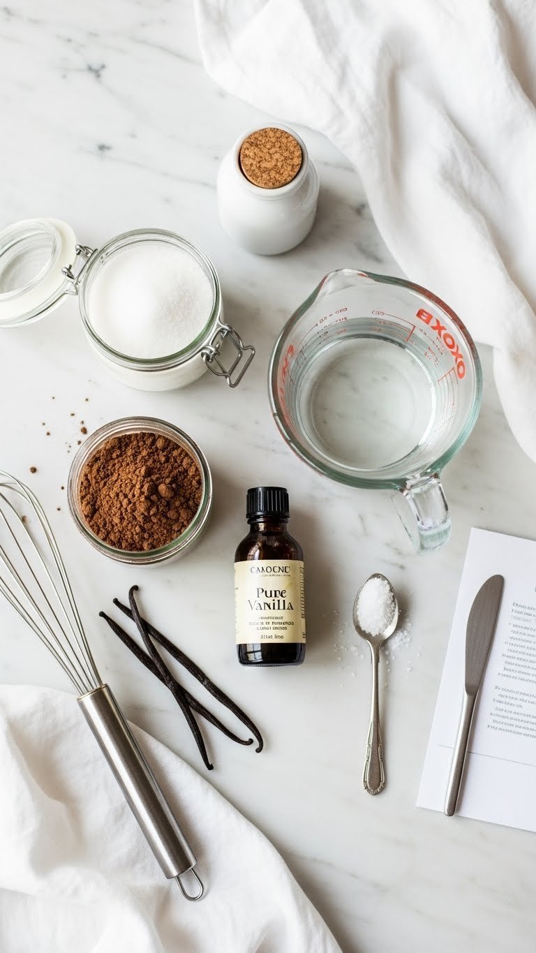 Top-down flat lay of essential homemade chocolate coffee syrup ingredients including cocoa powder, sugar, water, vanilla extract, and sea salt arranged on marble countertop