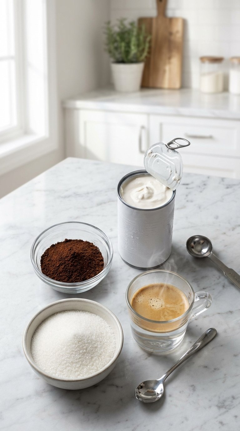 Iced Coconut Whipped Coffee: Ultimate Easy Vegan Recipe 1 Top-down flat lay of iced coconut whipped coffee ingredients including canned coconut milk, instant espresso powder, and sugar arranged on marble countertop