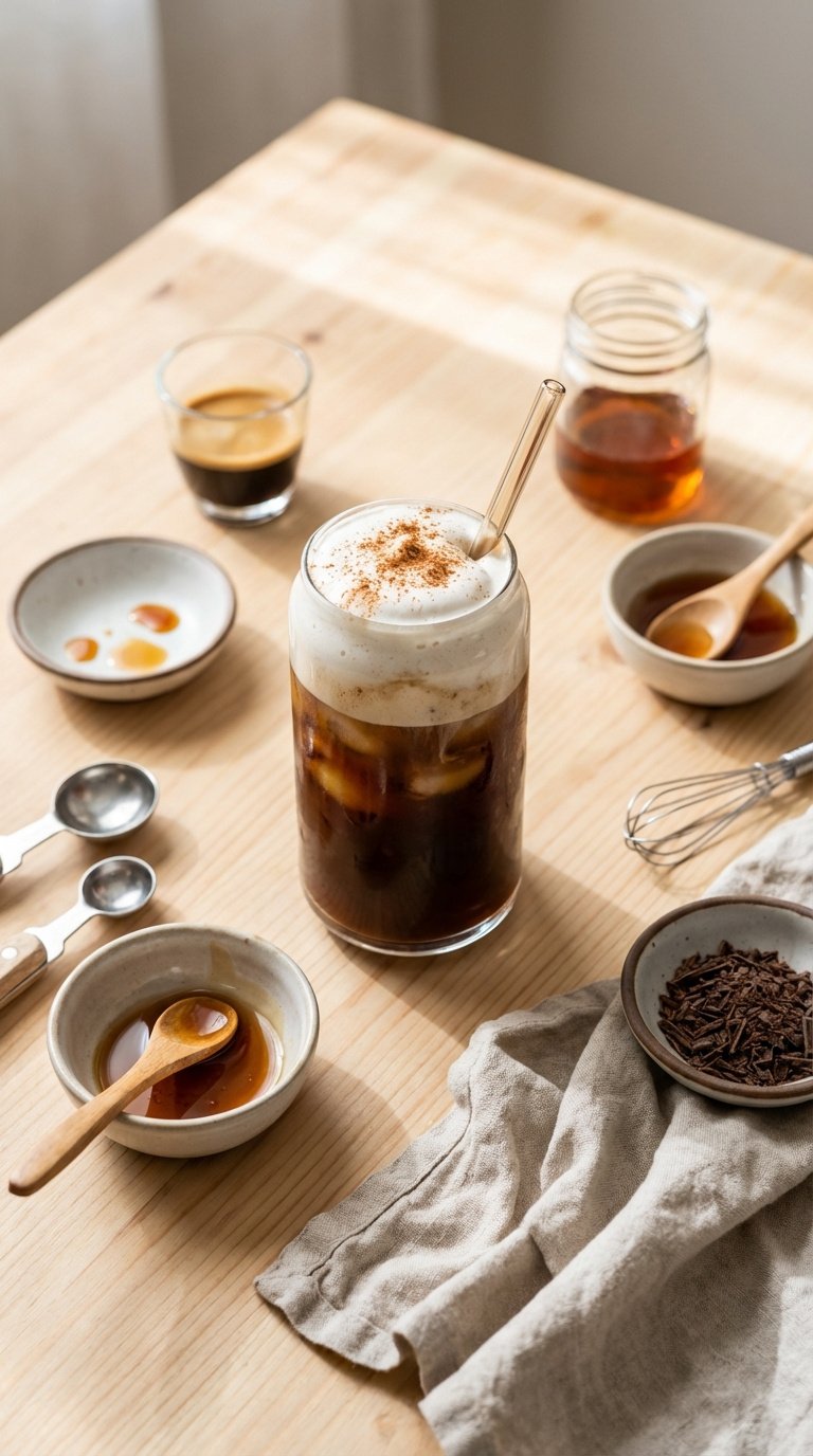 Iced Coconut Whipped Coffee: Ultimate Easy Vegan Recipe 13 Top-down flat lay of iced coconut whipped coffee surrounded by flavor additions like vanilla extract and maple syrup