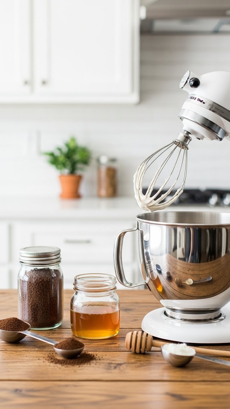 Essential Whipped Honey Coffee: Thick & Fluffy Foam 1 Top-down flat lay of instant coffee granules, golden raw honey in glass jar, and stand mixer on rustic wooden table for whipped honey coffee recipe