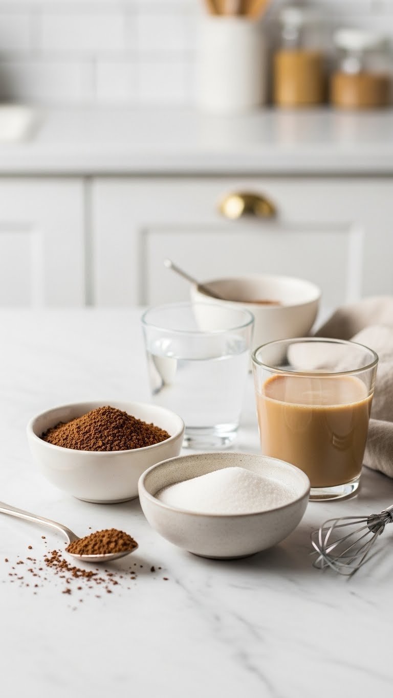 Easy 3-Ingredient Whipped Coffee With a Milk Frother 1 Top-down flat lay of instant coffee granules, sugar, and hot water in small bowls arranged on marble countertop for whipped coffee recipe