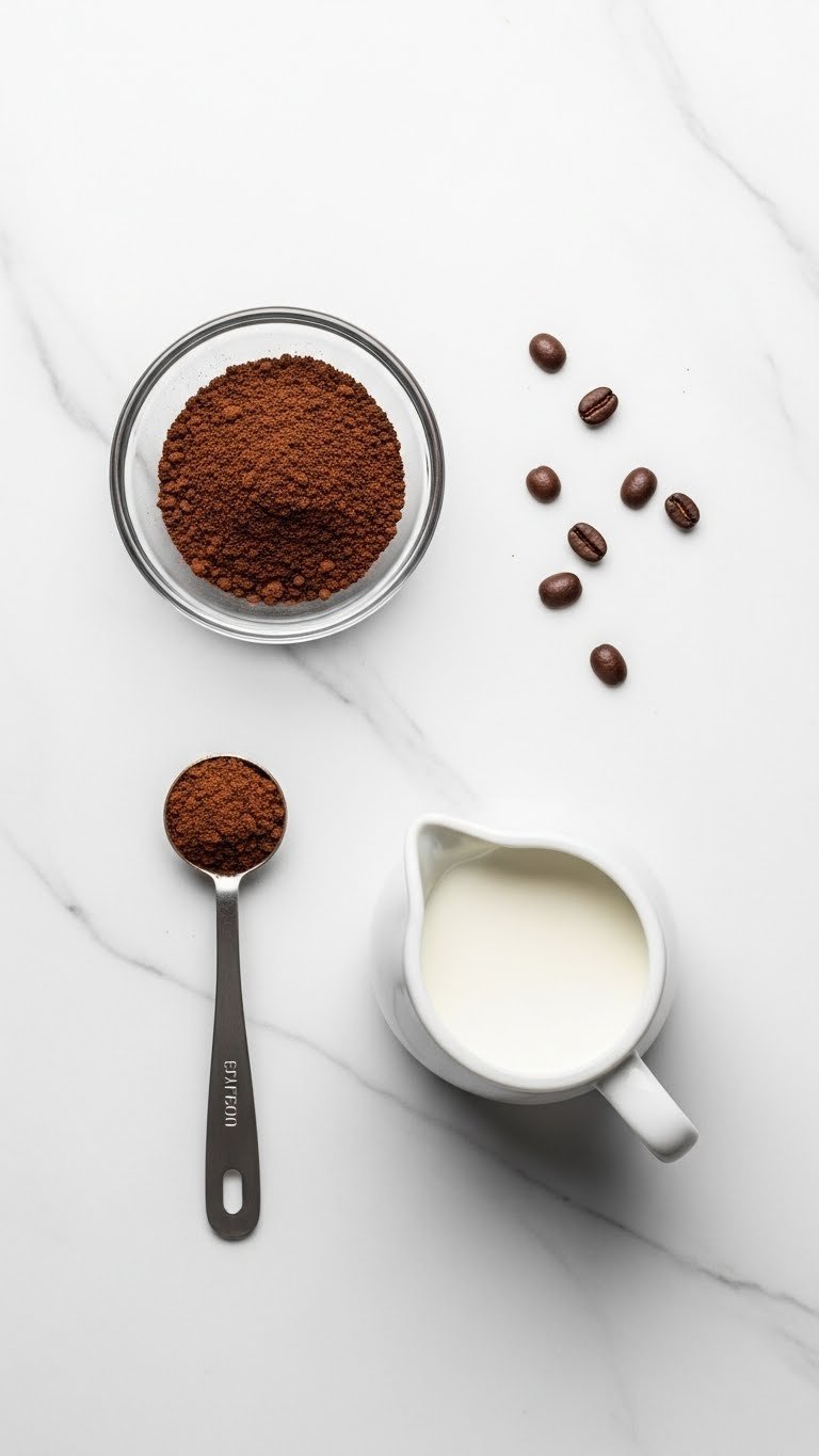 Whipped Coffee Buttercream Complete Guide Easy Light Fluffy Frosting 3 Top-down flat lay of instant espresso powder, measuring spoon, and heavy cream in glass bowls with coffee beans on marble countertop.