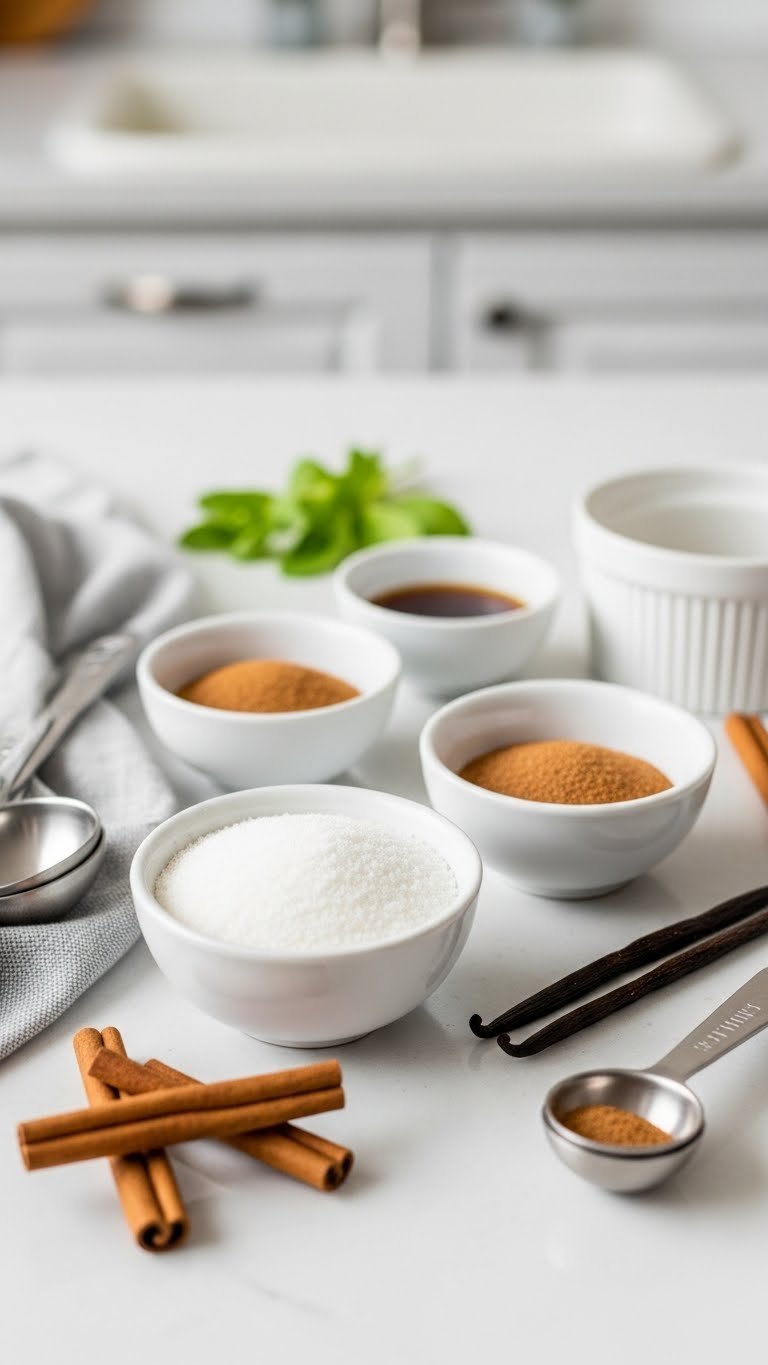 Top-down flat lay of keto sweeteners including erythritol and monk fruit with cinnamon sticks on light surface