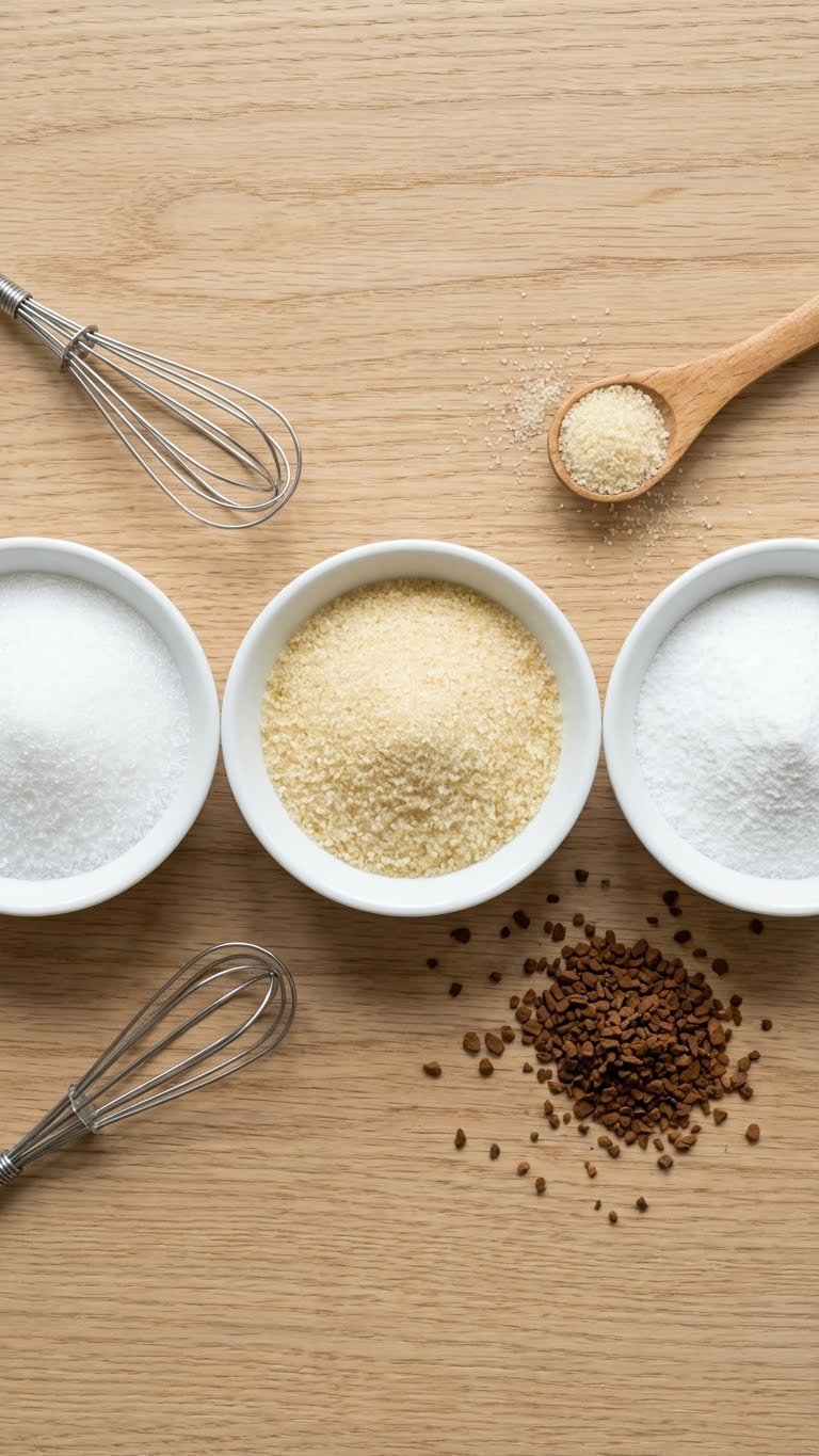 Sugar Free Whipped Coffee Recipe That Works Without Sugar 3 Top-down flat lay of keto sweeteners including erythritol, monk fruit blend, and stevia in white ceramic bowls on wooden surface