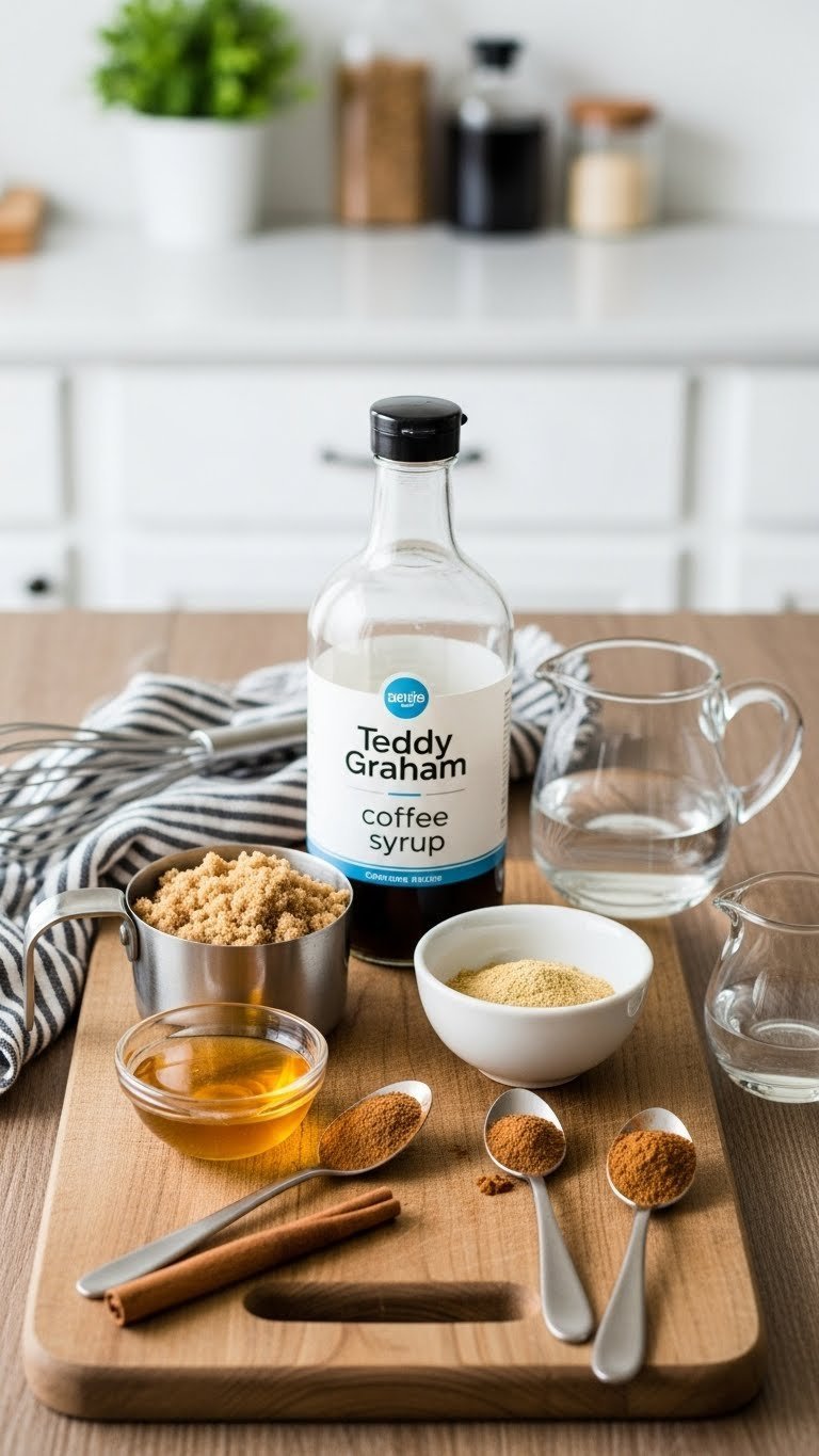 Top-down flat lay of measuring cups with brown sugar, honey, cinnamon, vanilla extract, and water arranged on rustic wooden cutting board for homemade coffee syrup