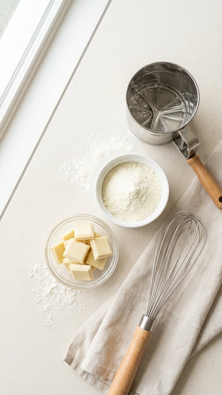 Top-down flat lay of non-fat milk powder and white chocolate squares for stable whipped cream frosting