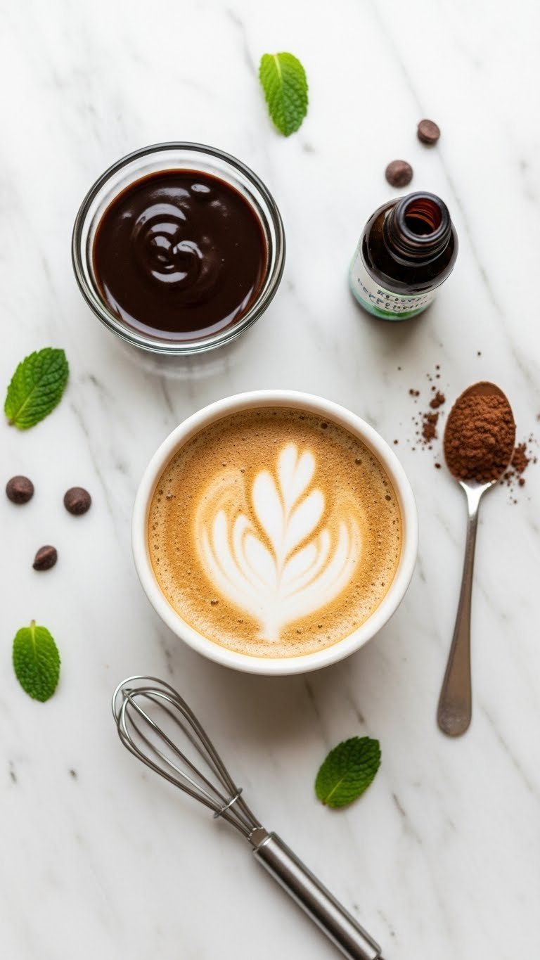 Top-down flat lay of peppermint mocha ingredients including chocolate syrup, peppermint extract, and cacao powder on marble countertop