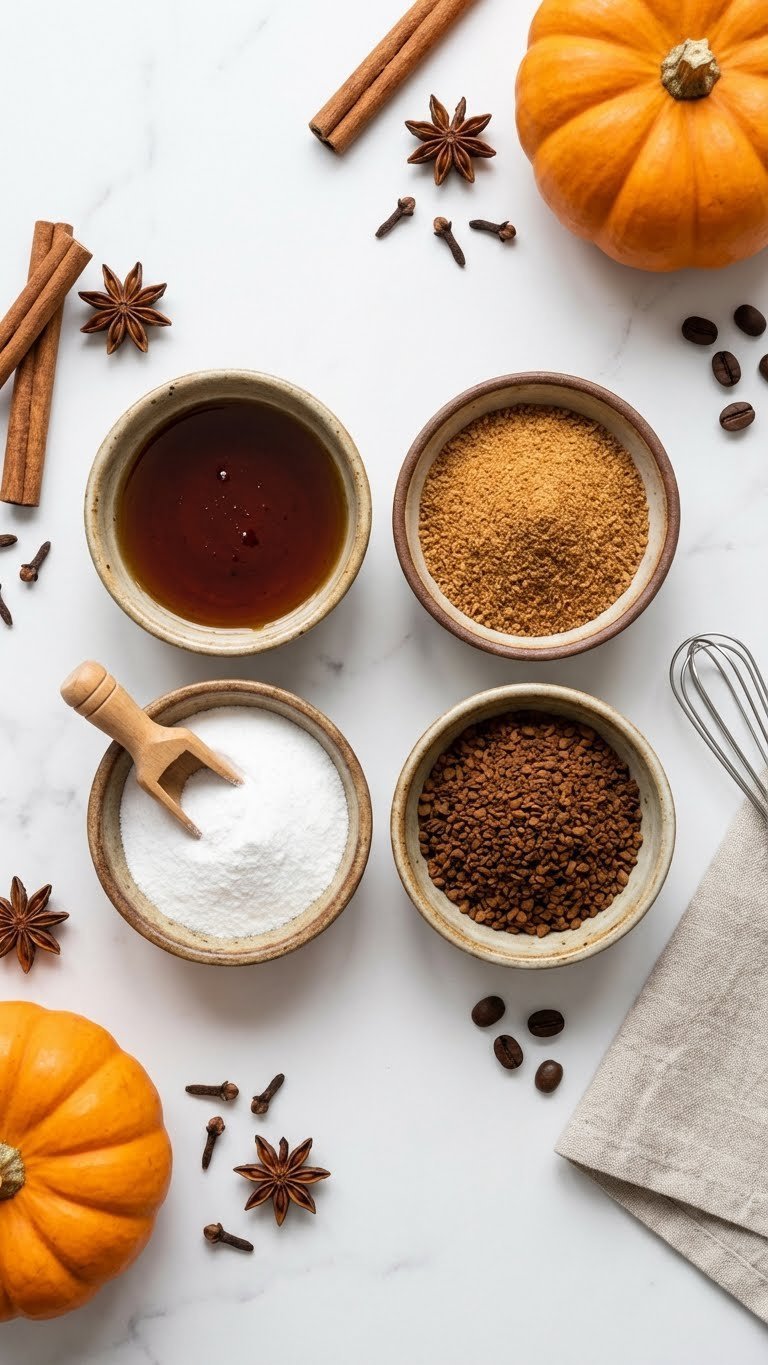 Pumpkin Whipped Coffee Recipe Easy Creamy Dalgona Style 11 Top-down flat lay of pumpkin whipped coffee ingredients including maple syrup and coconut sugar bowls