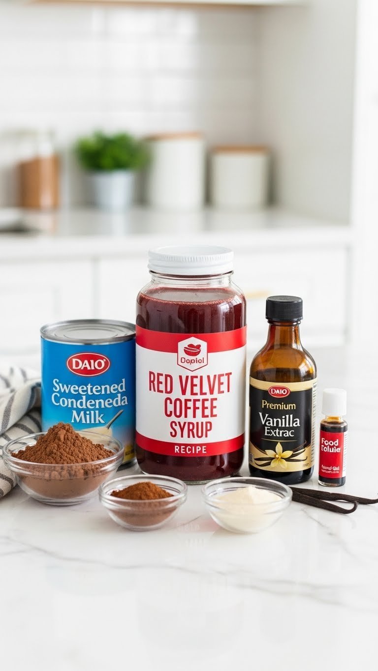 Top-down flat lay of red velvet coffee syrup ingredients including cocoa powder, condensed milk, vanilla extract, and red food coloring on white marble countertop