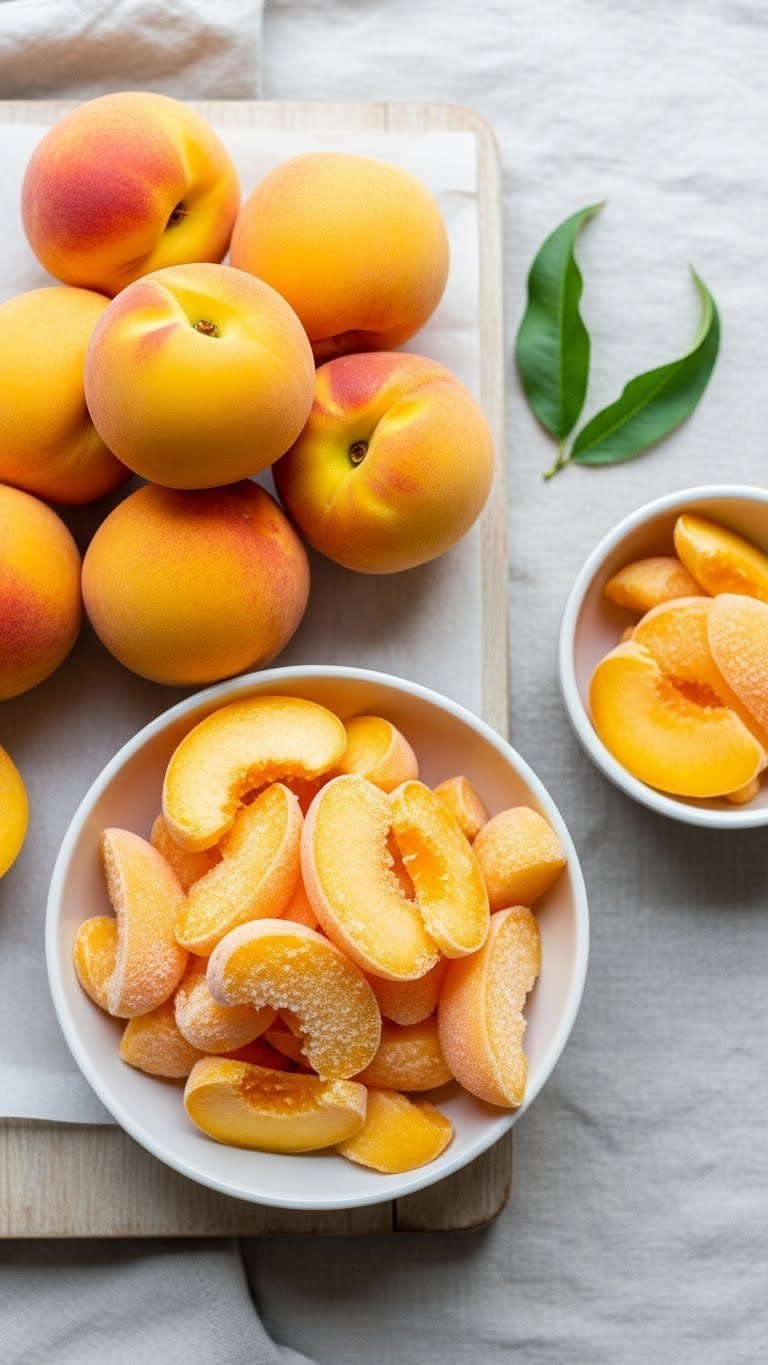 Top-down flat lay of ripe fresh peaches and frozen peach slices arranged on rustic wooden board with soft natural lighting