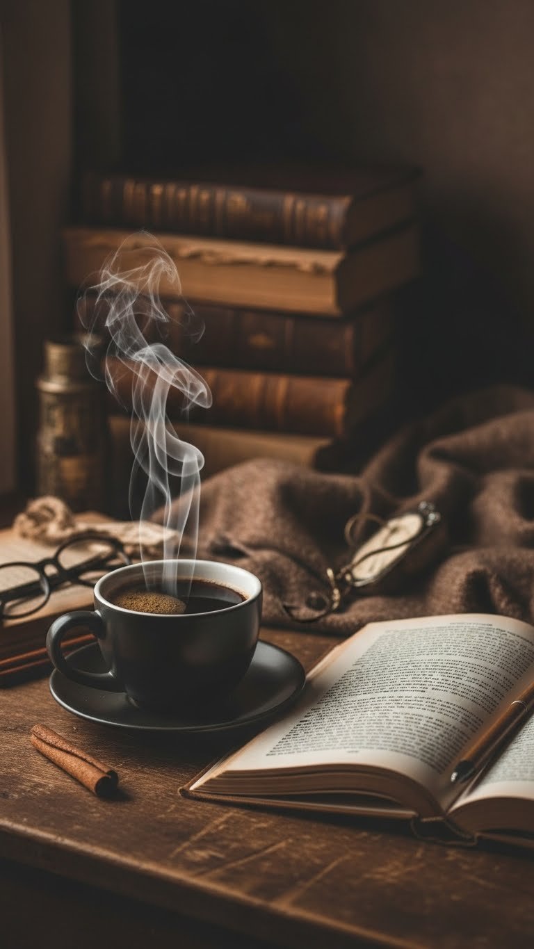 Master Black Coffee Aesthetic Video: 9 Ultimate Ideas 11 Top-down flat lay of steaming black coffee mug next to open vintage book on textured wooden desk surface