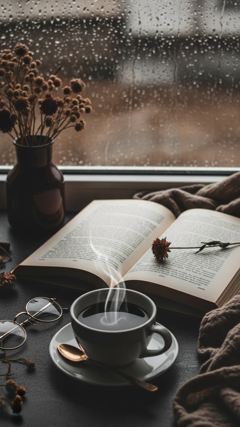 Black Coffee Rain Aesthetic: 11 Elements for Perfect Mood 17 Top-down flat lay of steaming coffee, open book, and window with blurred raindrops on dark textured surface