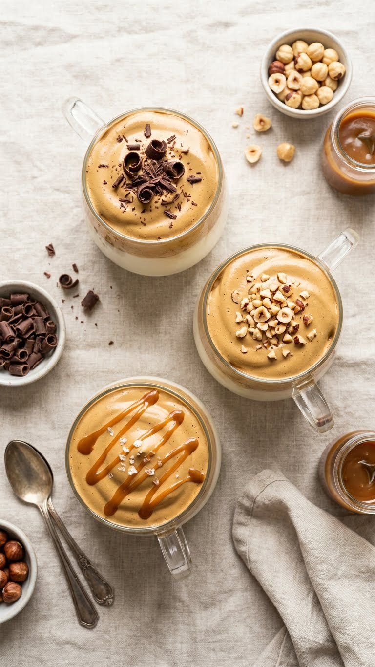 Nutella Whipped Coffee Recipe Easy Fluffy Cafe Style Guide 11 Top-down flat lay of three Nutella whipped coffees with chocolate curls, hazelnuts, and caramel drizzle toppings